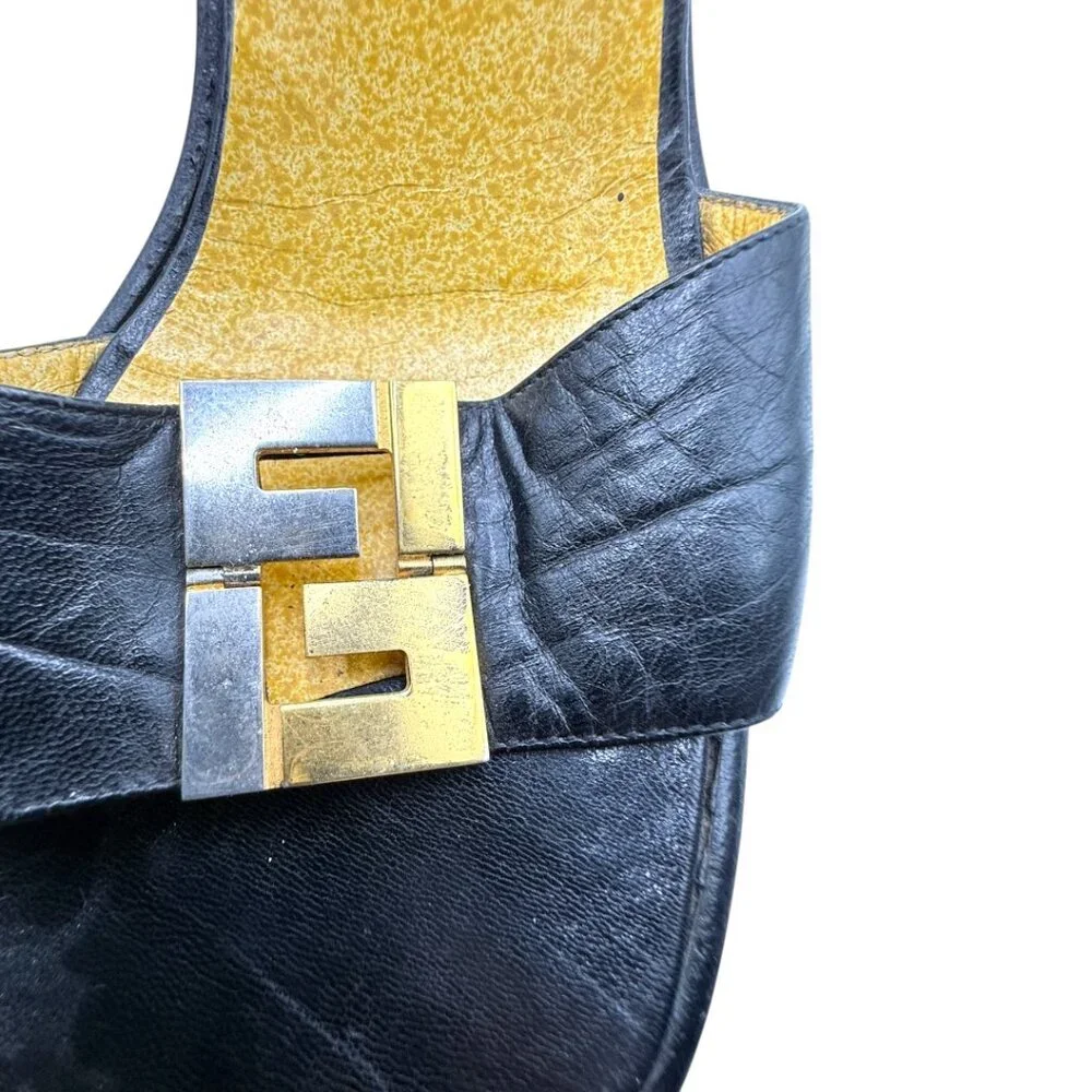 Fendi FF Logo Black Leather Ankle Strap Heels Sandals IT 36 Gold Silver Hardware - Picture 8 of 11